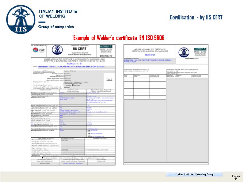 Example of Welder’s certificate EN ISO 9606 Certification - by IIS CERT Group of